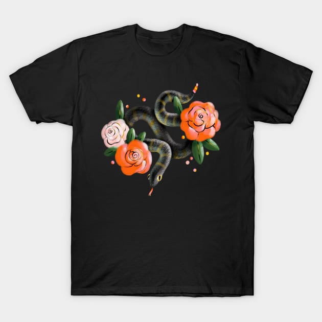 Snake with roses T-Shirt by Stolenpencil